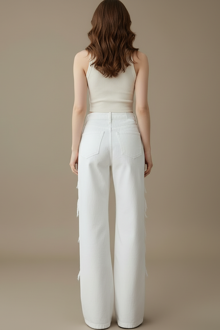 Pantalon Blanc Jean Ample Déchiré Dentelle Femme - vue 2