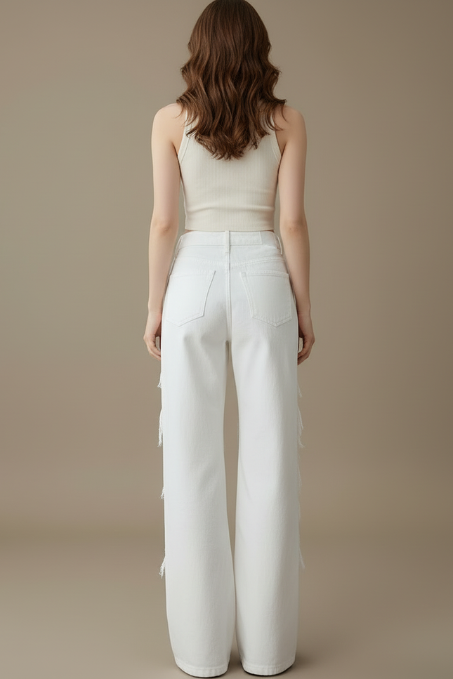 Pantalon Blanc Jean Ample Déchiré Dentelle Femme - vue 2