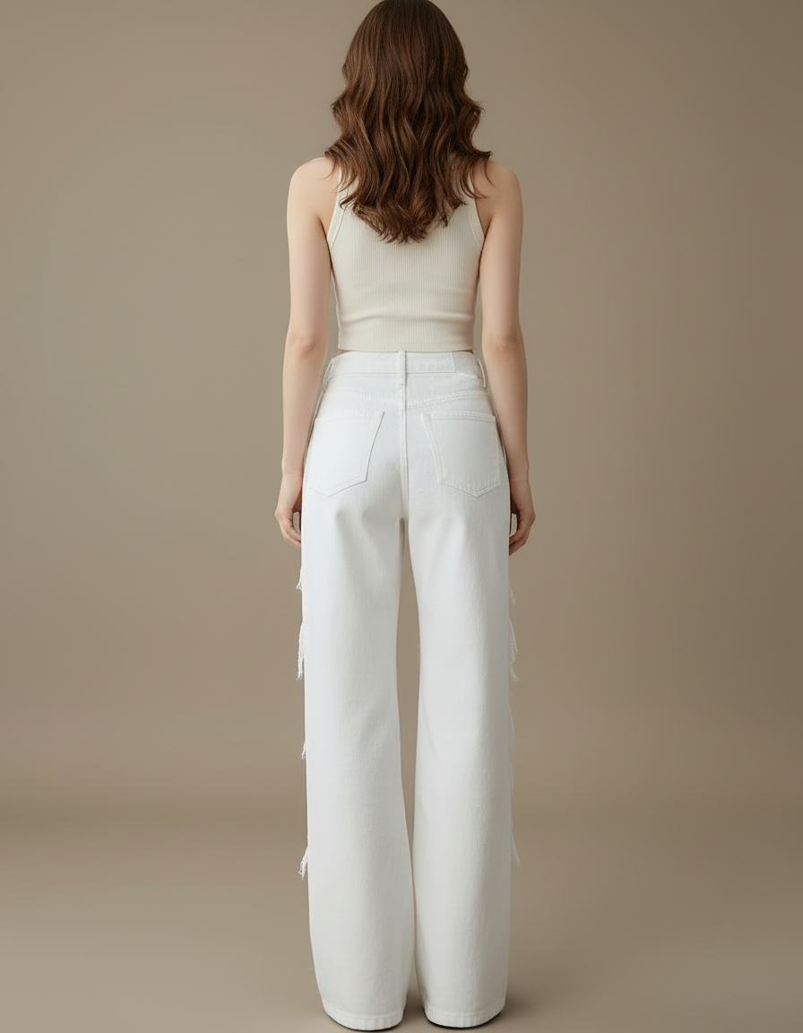 Pantalon Blanc Jean Ample Déchiré Dentelle Femme - vue 2
