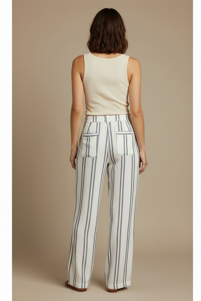 Pantalon En Lin Raye Bleu Et Blanc - Multicolore - vue 2