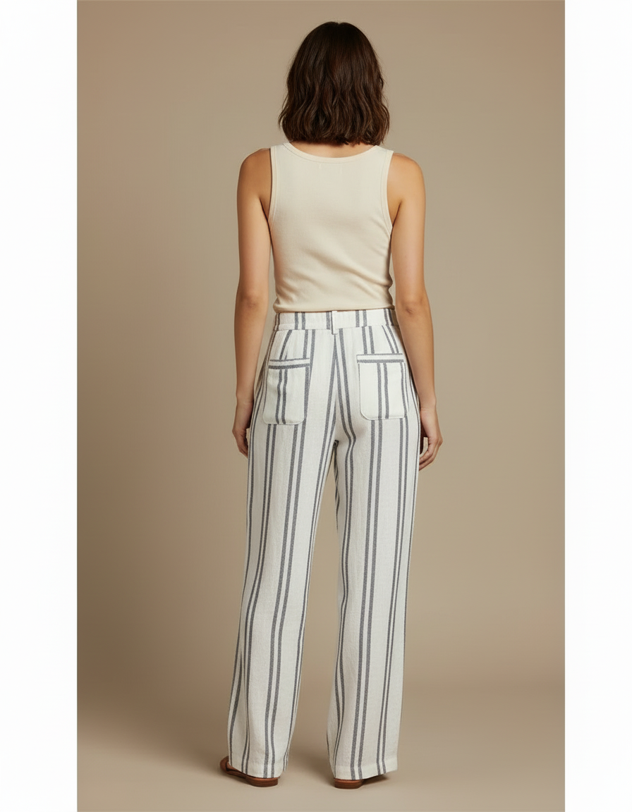 Pantalon En Lin Raye Bleu Et Blanc - Multicolore - vue 2