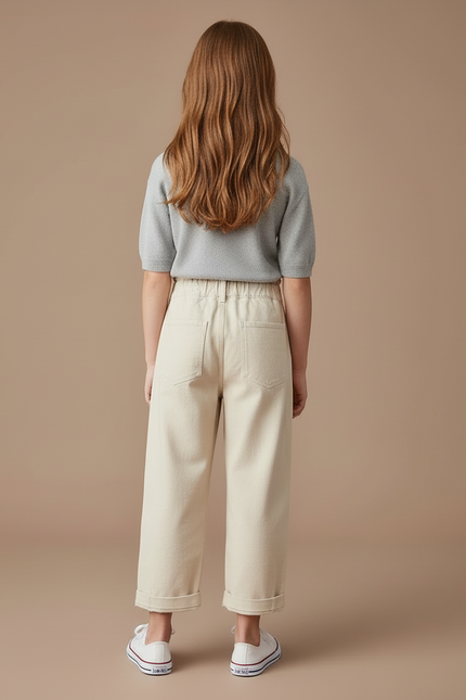 Pantalon Blanc Brodé Fleur Ample Coton Enfant - Beige - vue 2