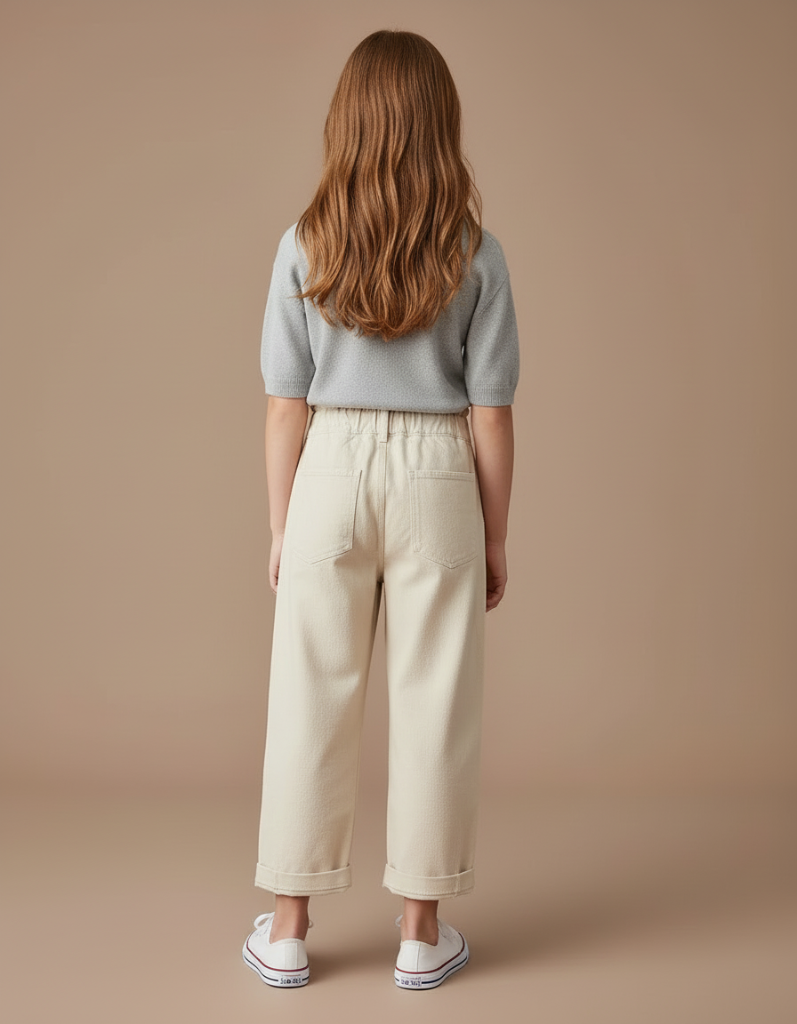 Pantalon Blanc Brodé Fleur Ample Coton Enfant - Beige - vue 2