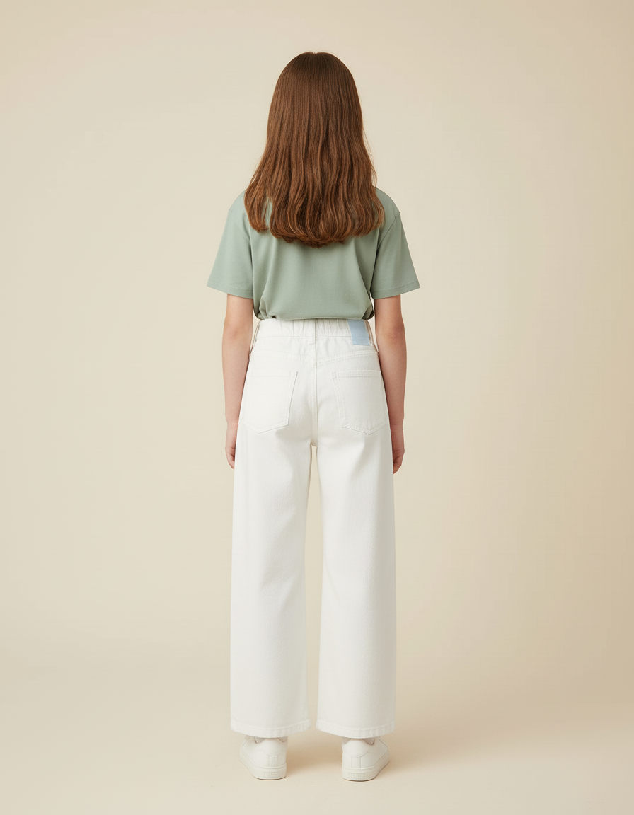 Pantalon Blanc Fille Ample Taille Haute Coton - Jean - vue 2