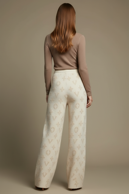 Pantalon Blanc Molletonné Jacquard Ample Décontracté Fluide - vue 2