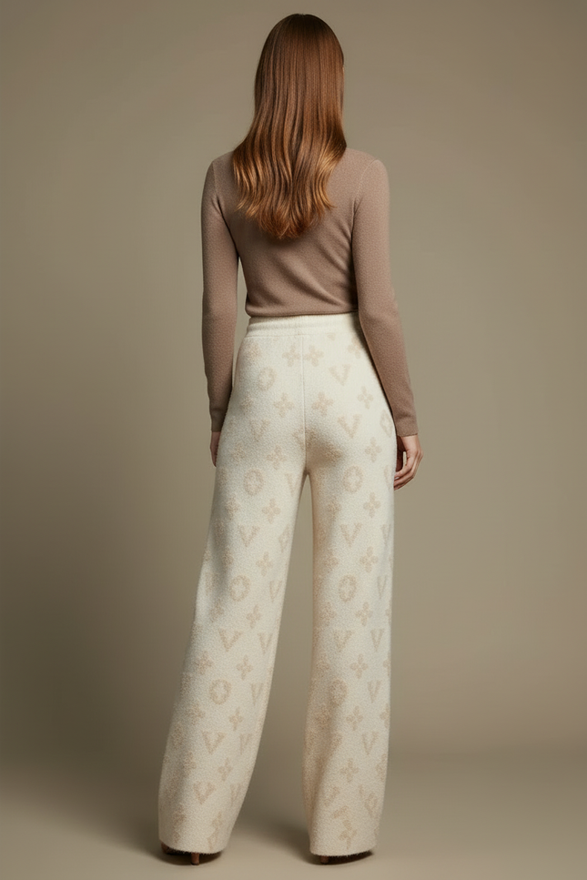 Pantalon Blanc Molletonné Jacquard Ample Décontracté Fluide - vue 2