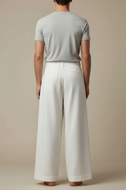 Pantalon Blanc Ample Plissé Coton Lin Ceinturé - vue 2