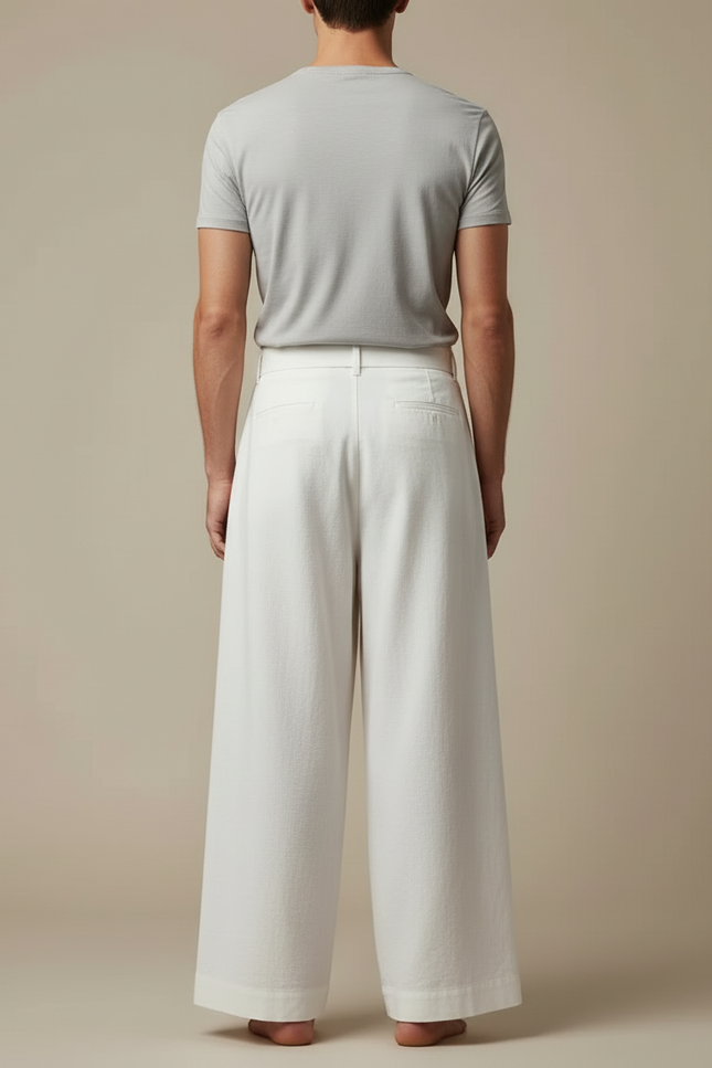 Pantalon Blanc Ample Plissé Coton Lin Ceinturé - vue 2