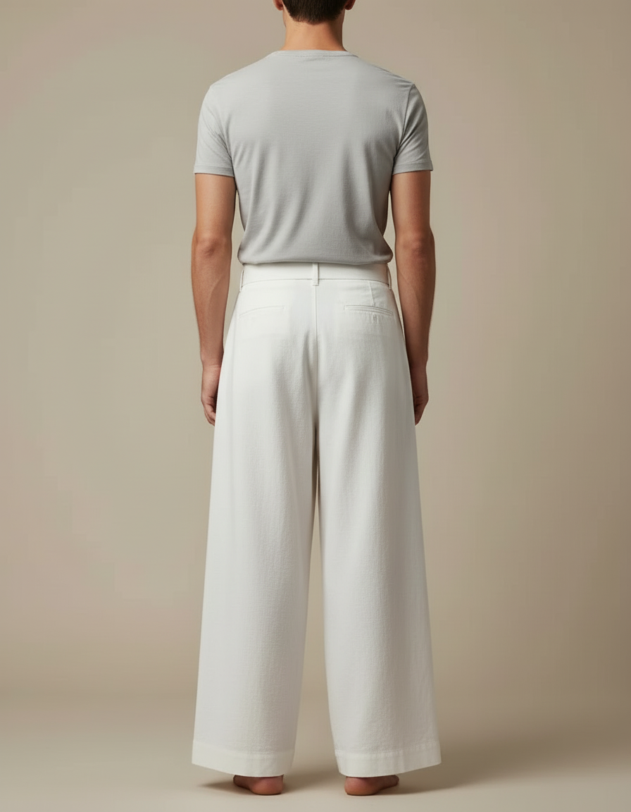 Pantalon Blanc Ample Plissé Coton Lin Ceinturé - vue 2