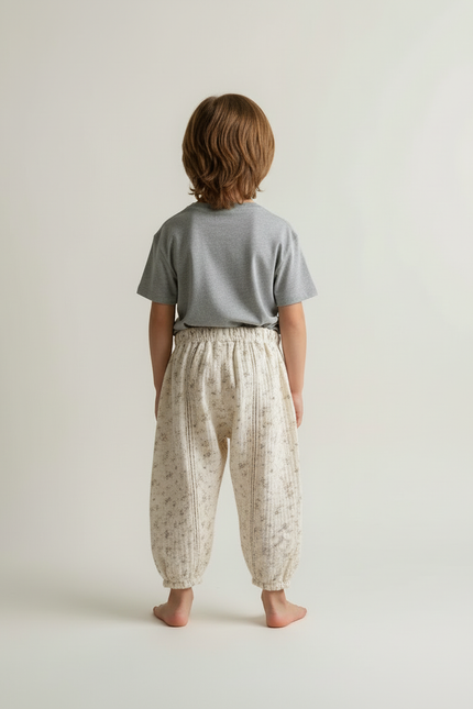 Pantalon Blanc Fleuri Ample Coton Enfant - Beige - vue 2