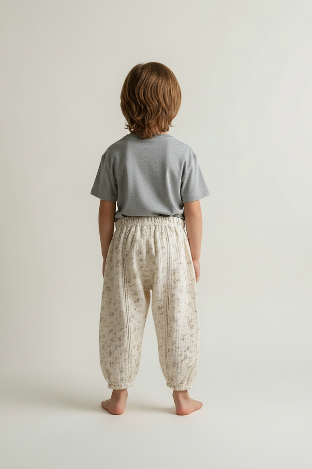 Pantalon Blanc Fleuri Ample Coton Enfant - Beige - vue 2