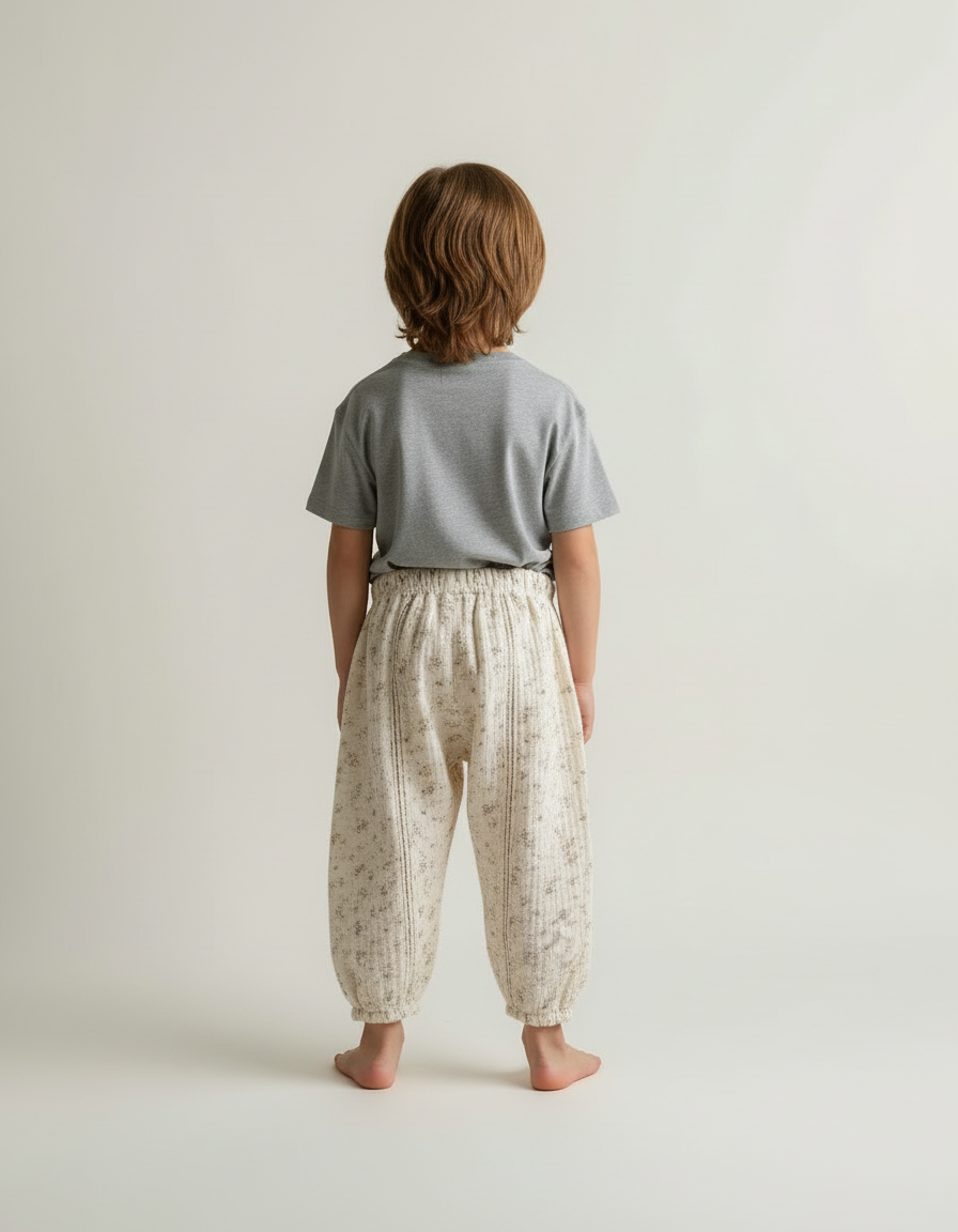 Pantalon Blanc Fleuri Ample Coton Enfant - Beige - vue 2