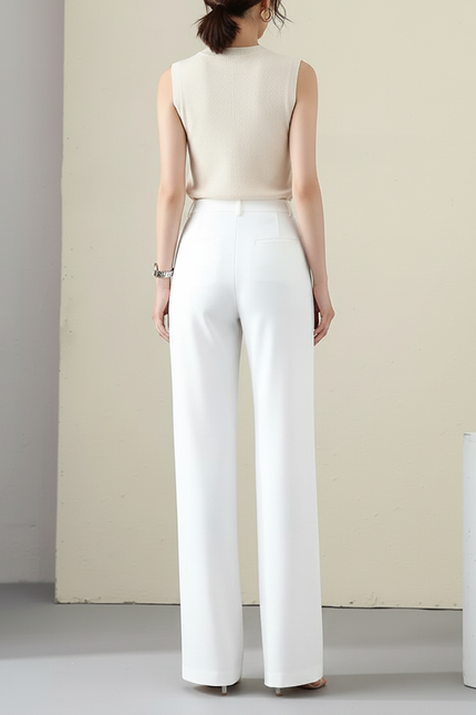 Pantalon Blanc Fluide Droit Taille Haute Femme - Polyester - vue 2