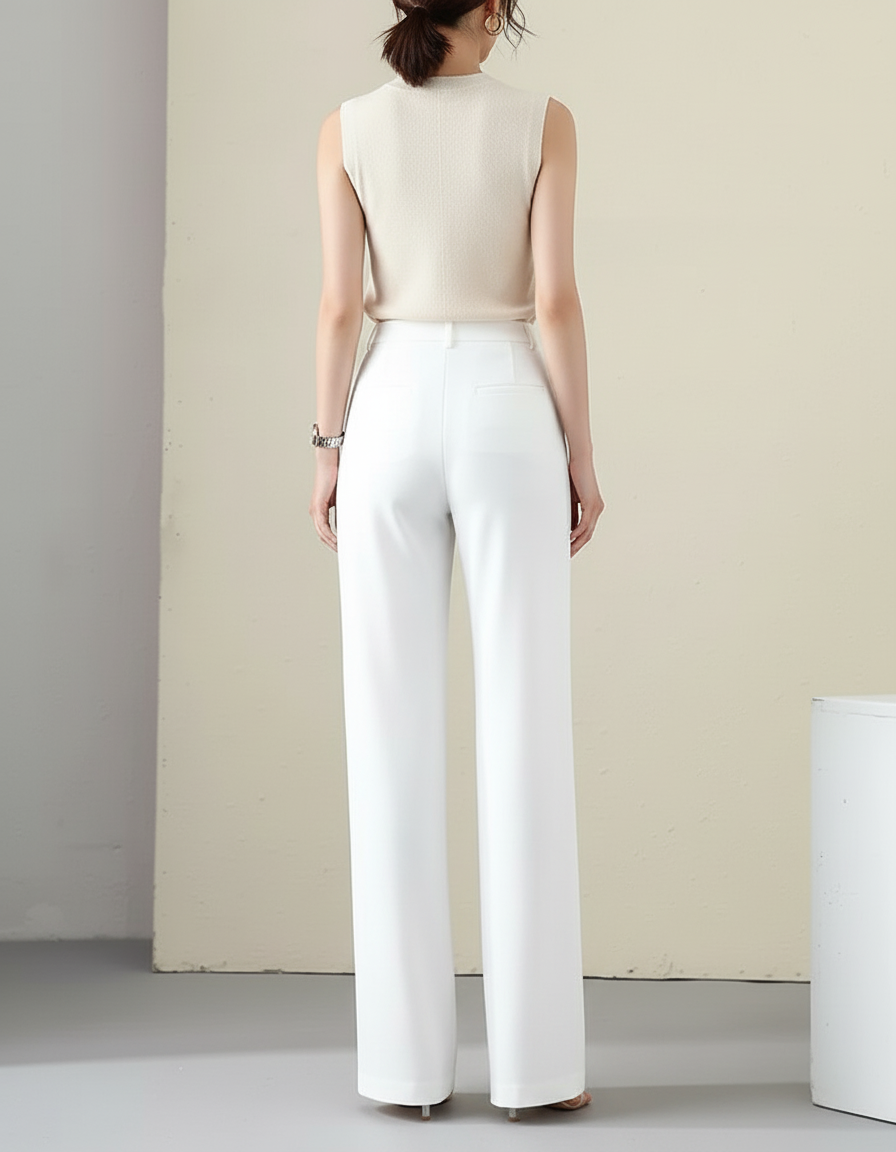 Pantalon Blanc Fluide Droit Taille Haute Femme - Polyester - vue 2