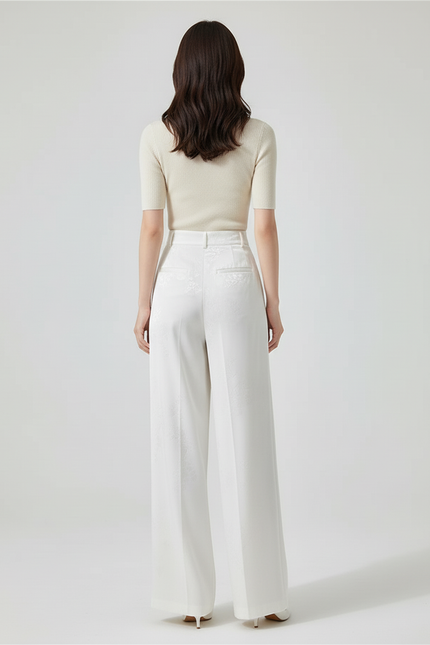 Pantalon Blanc Jacquard Satin Ample Élégant Femme - vue 2