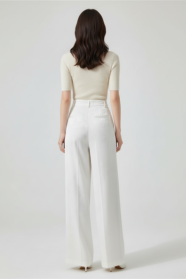 Pantalon Blanc Jacquard Satin Ample Élégant Femme - vue 2