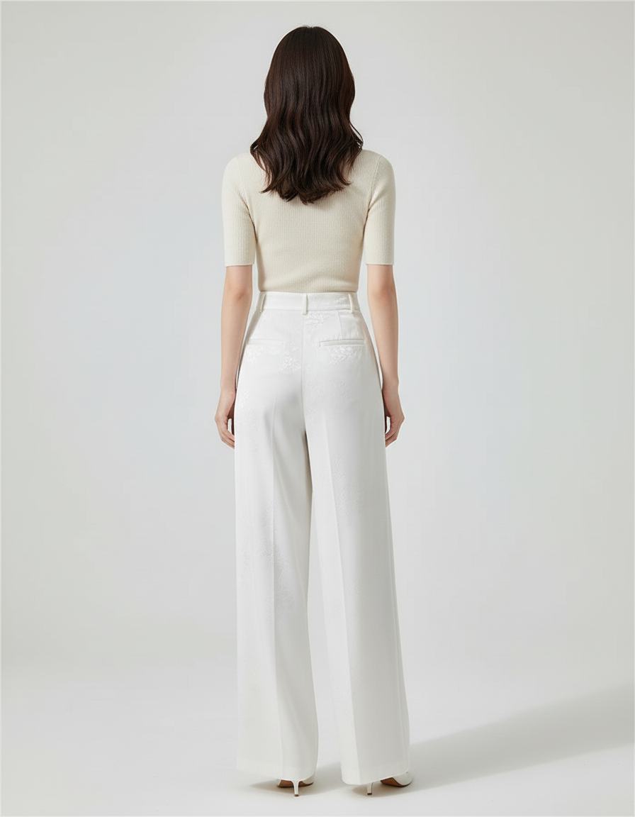 Pantalon Blanc Jacquard Satin Ample Élégant Femme - vue 2