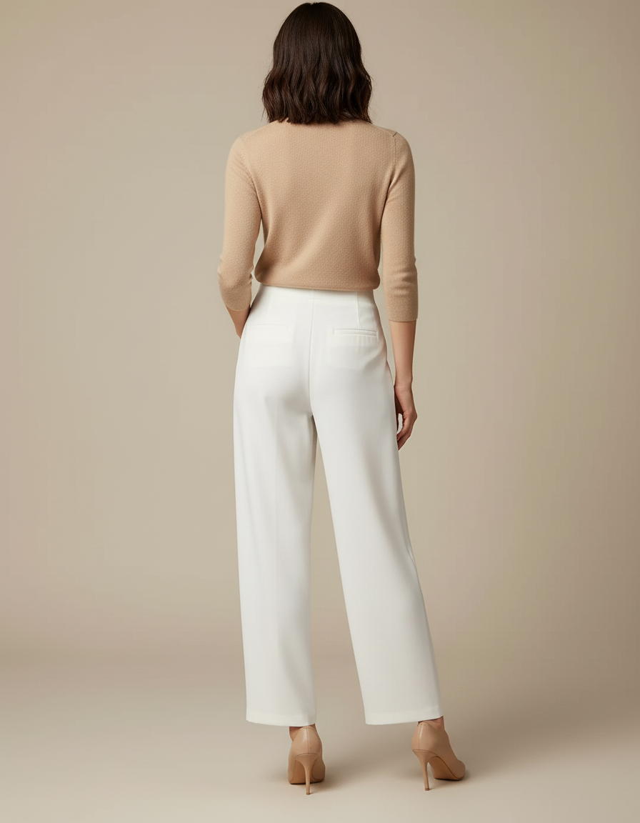 Pantalon Blanc Fluide Plissé Taille Haute Femme - Polyester - vue 2