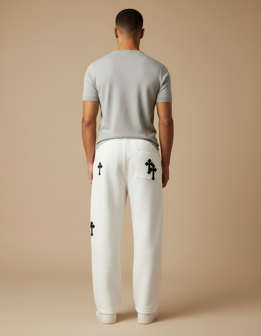 Pantalon Blanc Ample Imprimé Croix Streetwear Décontracté - Molleton - vue 2