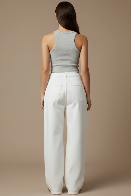 Pantalon Blanc Large Décontracté Femme Taille Haute - Jean - vue 2