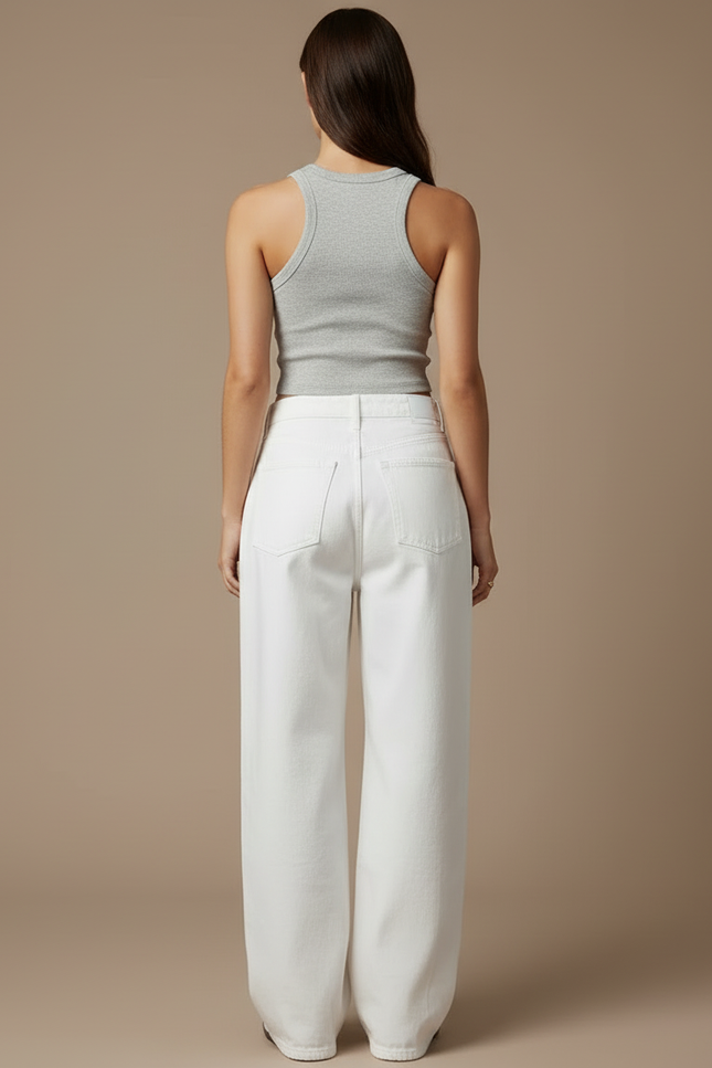 Pantalon Blanc Large Décontracté Femme Taille Haute - Jean - vue 2