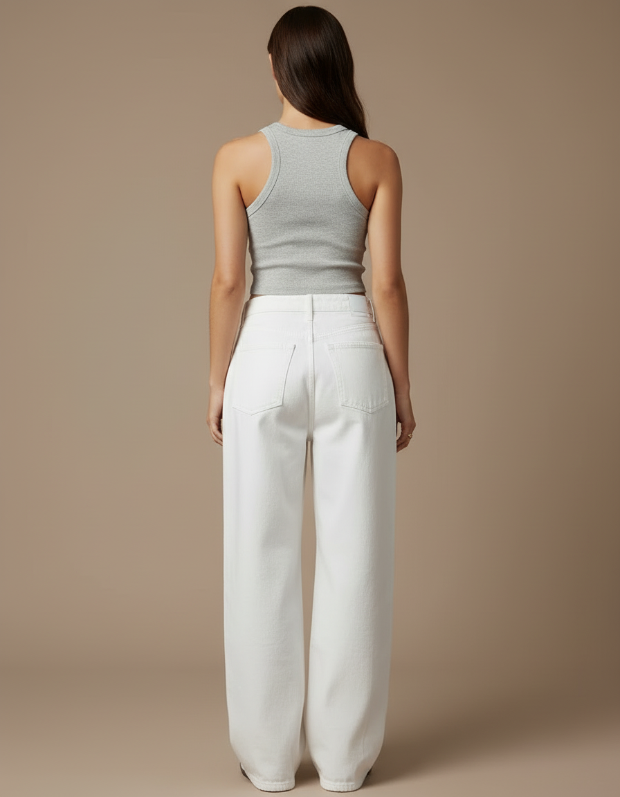 Pantalon Blanc Large Décontracté Femme Taille Haute - Jean - vue 2