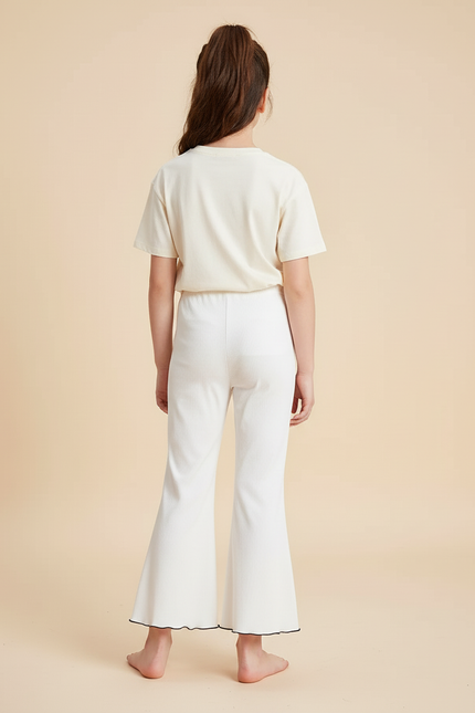 Pantalon Blanc Côtelé Élastique Évasé Fille - Cordé - vue 2