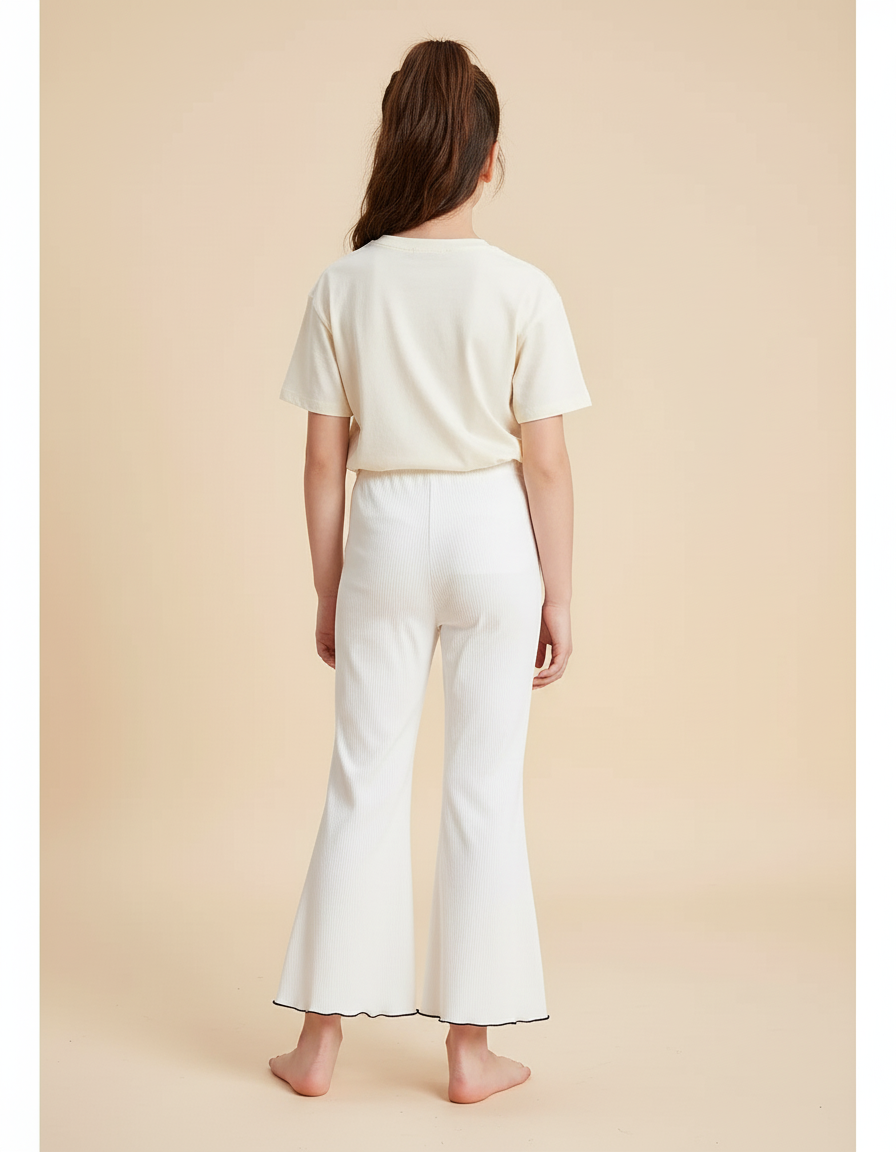 Pantalon Blanc Côtelé Élastique Évasé Fille - Cordé - vue 2