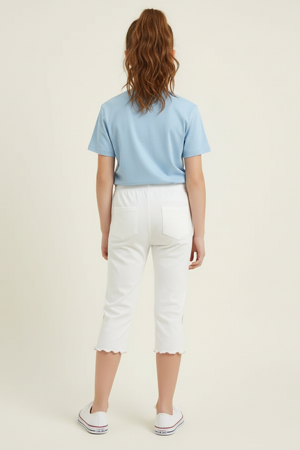 Pantalon Blanc Coton Capris Fille Papillons Ondulé - vue 2