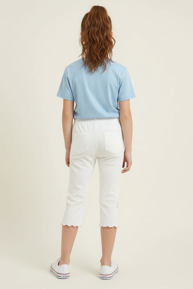 Pantalon Blanc Coton Capris Fille Papillons Ondulé - vue 2