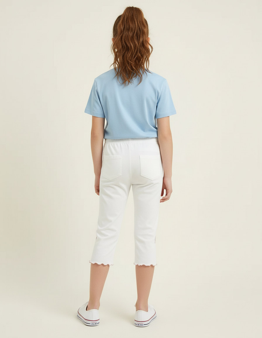 Pantalon Blanc Coton Capris Fille Papillons Ondulé - vue 2
