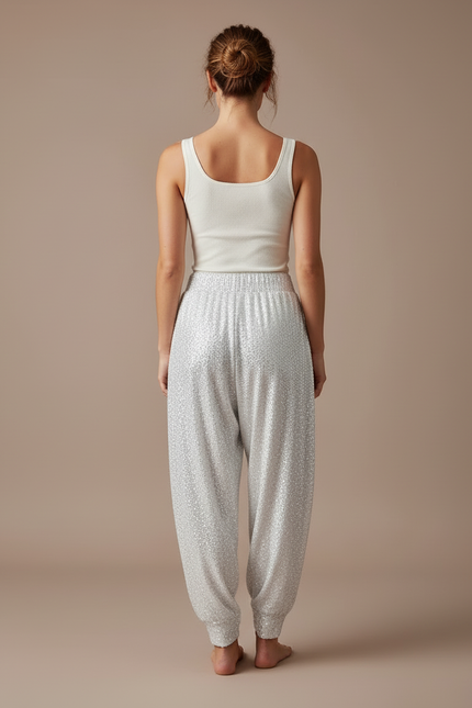 Pantalon Blanc Pailleté Harem Fluide Brillant Élégant - Argenté Polyester - vue 2