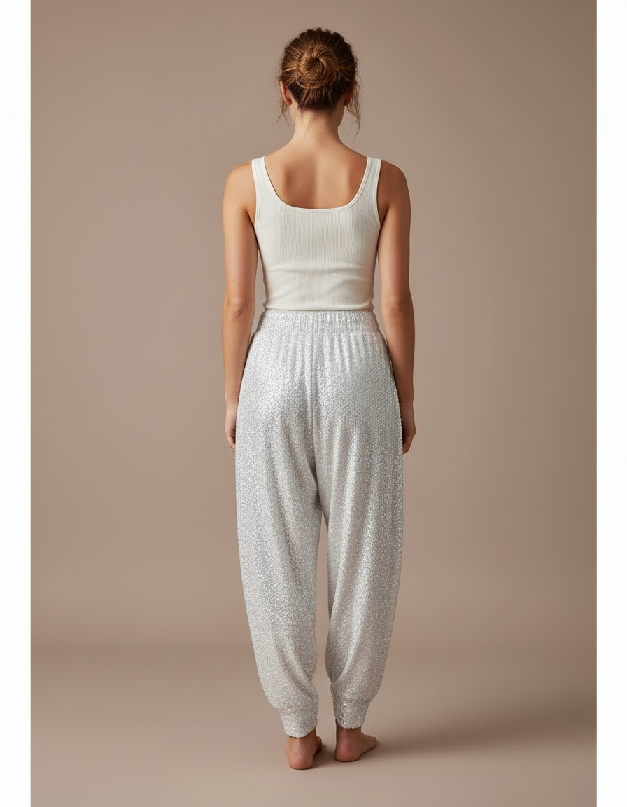 Pantalon Blanc Pailleté Harem Fluide Brillant Élégant - Argenté Polyester - vue 2