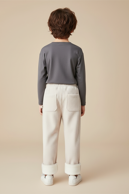 Pantalon Blanc Côtelé Ample Doublé Doux Enfant - Beige Cordé - vue 2