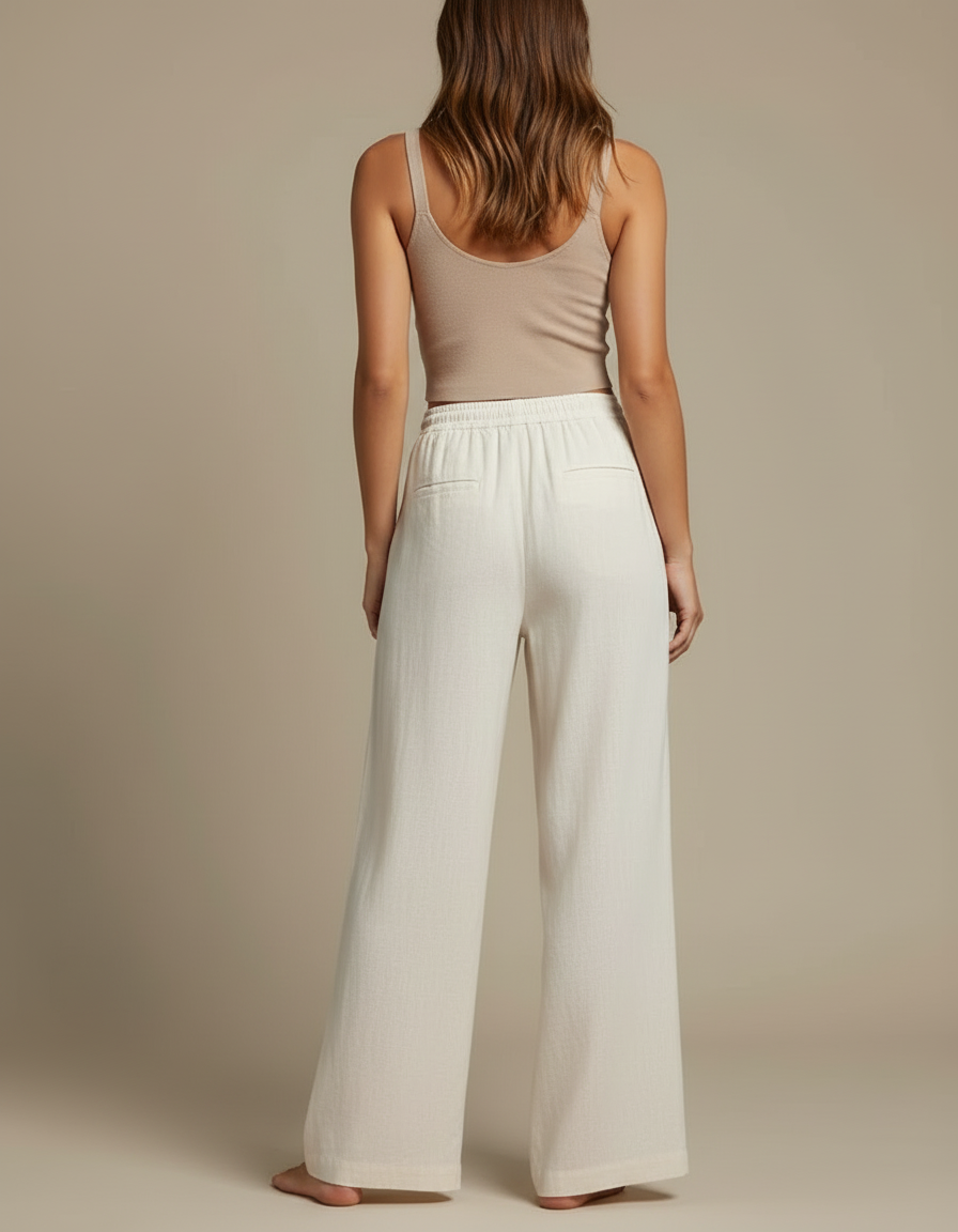 Pantalon Blanc Fluide Ample Cordon Décontracté - Beige Lin - vue 2