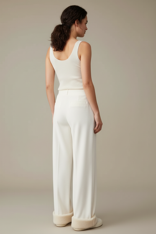 Pantalon Blanc Côtelé Ample Décontracté Doublé Polaire - Cordé - vue 2