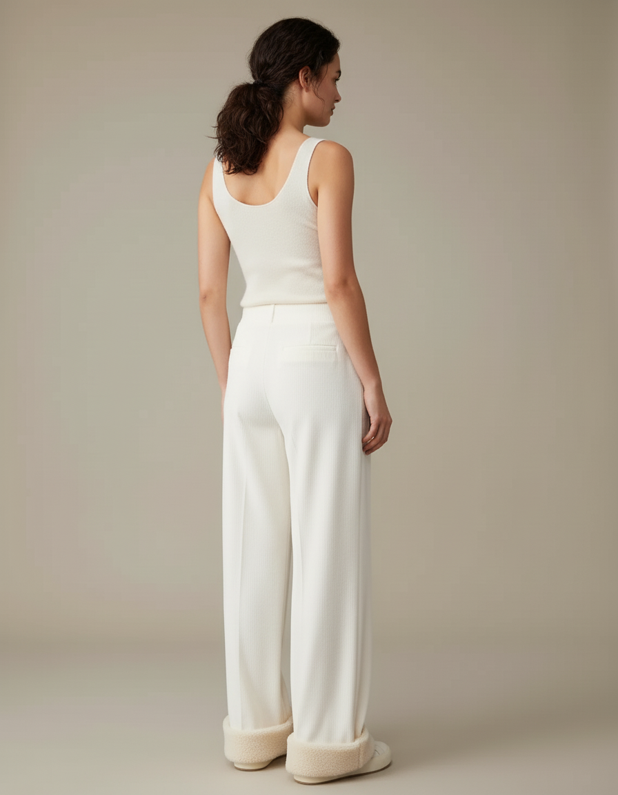 Pantalon Blanc Côtelé Ample Décontracté Doublé Polaire - Cordé - vue 2