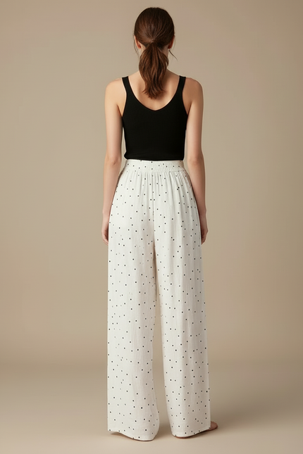 Pantalon Blanc Fluide Ample Décontracté À Pois - Lin - vue 2
