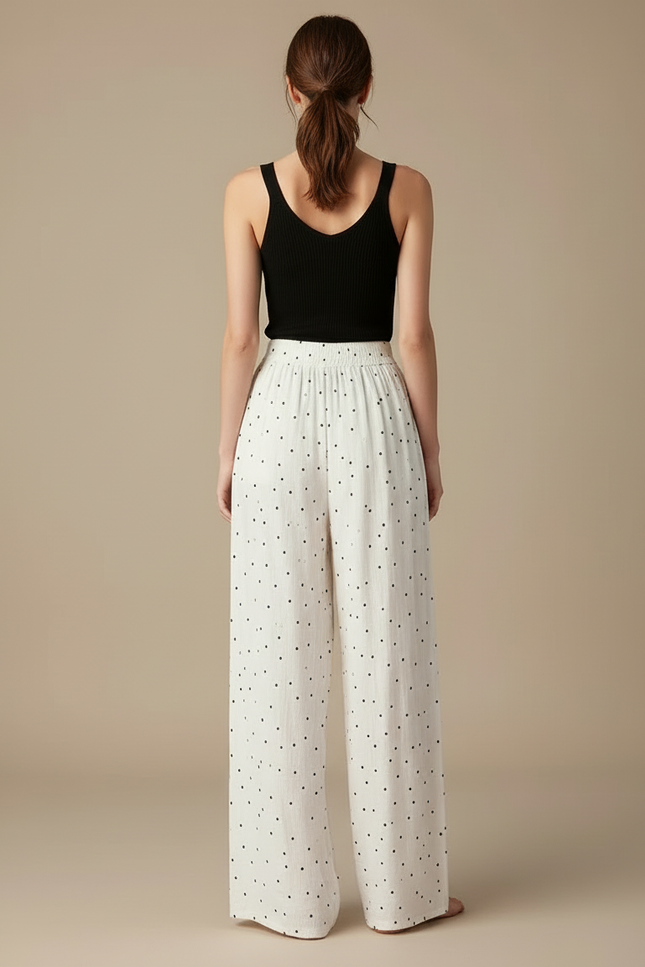 Pantalon Blanc Fluide Ample Décontracté À Pois - Lin - vue 2