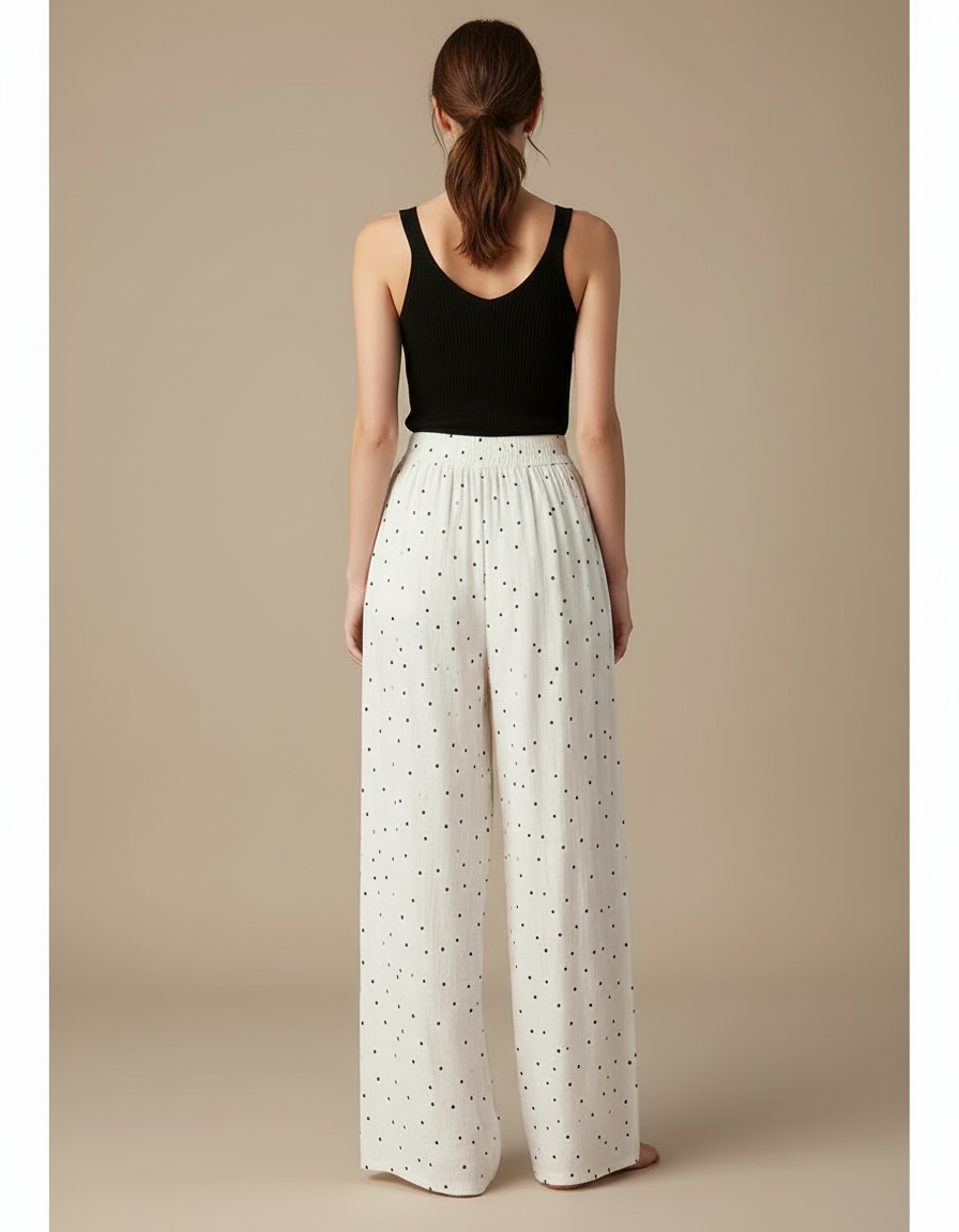 Pantalon Blanc Fluide Ample Décontracté À Pois - Lin - vue 2