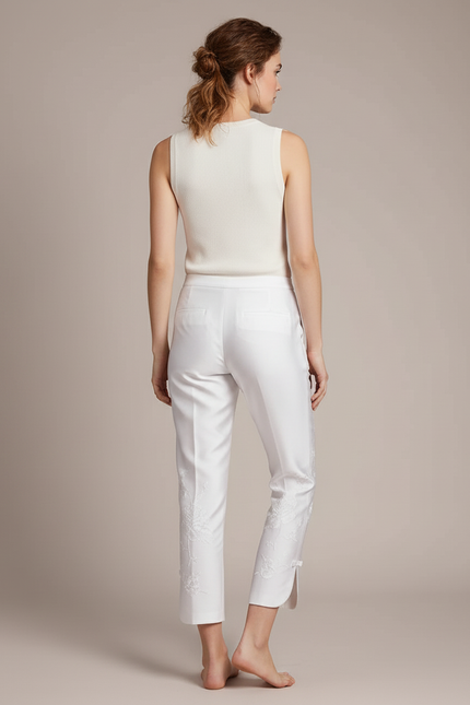 Pantalon Blanc Brodé Fleur Taille Haute Élégant - Satin - vue 2