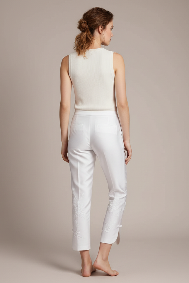 Pantalon Blanc Brodé Fleur Taille Haute Élégant - Satin - vue 2
