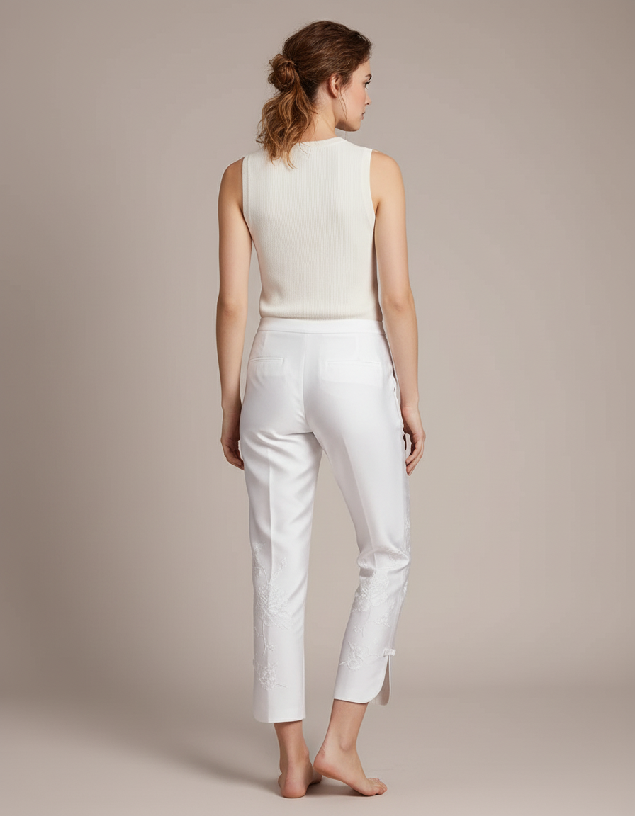 Pantalon Blanc Brodé Fleur Taille Haute Élégant - Satin - vue 2