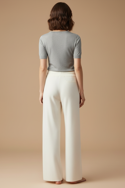 Pantalon Blanc Tricoté Taille Haute Large Décontracté - Maille - vue 2