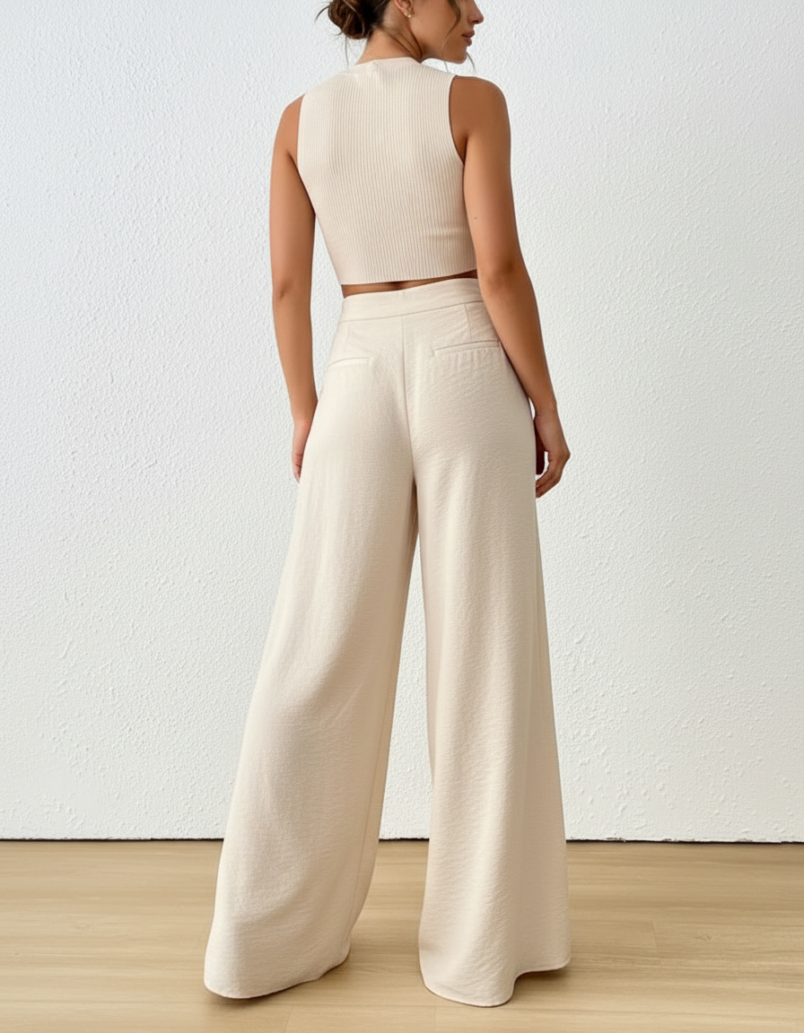 Pantalon Blanc Large Fluide Taille Haute Boutons - Beige Viscose - vue 2