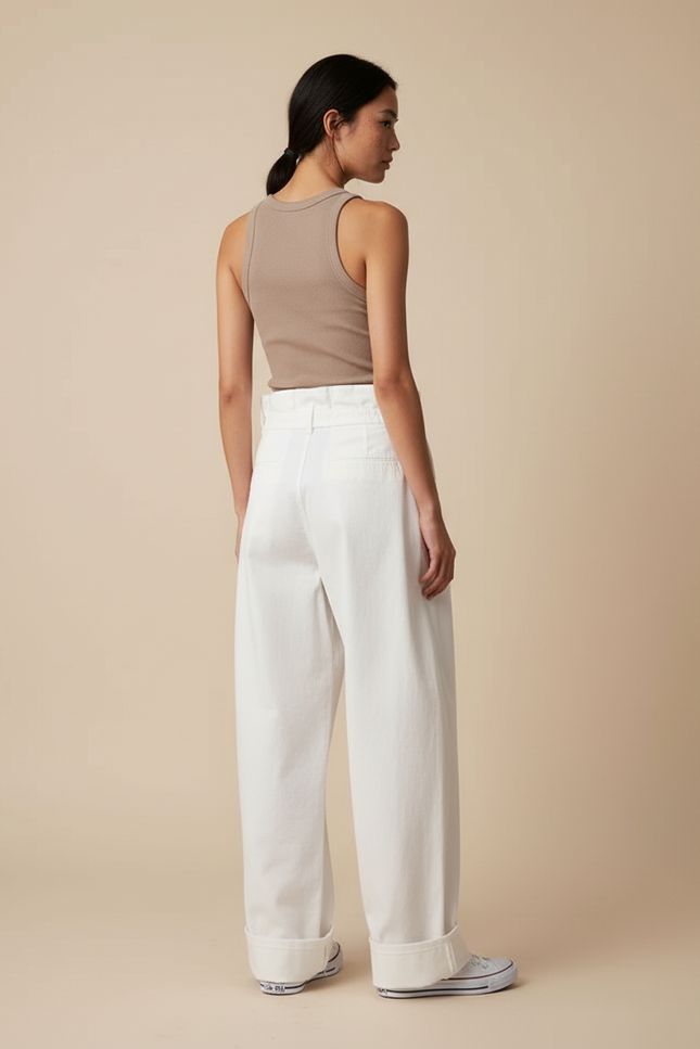 Pantalon Blanc Ample Taille Haute Décontracté Femme - Toile - vue 2