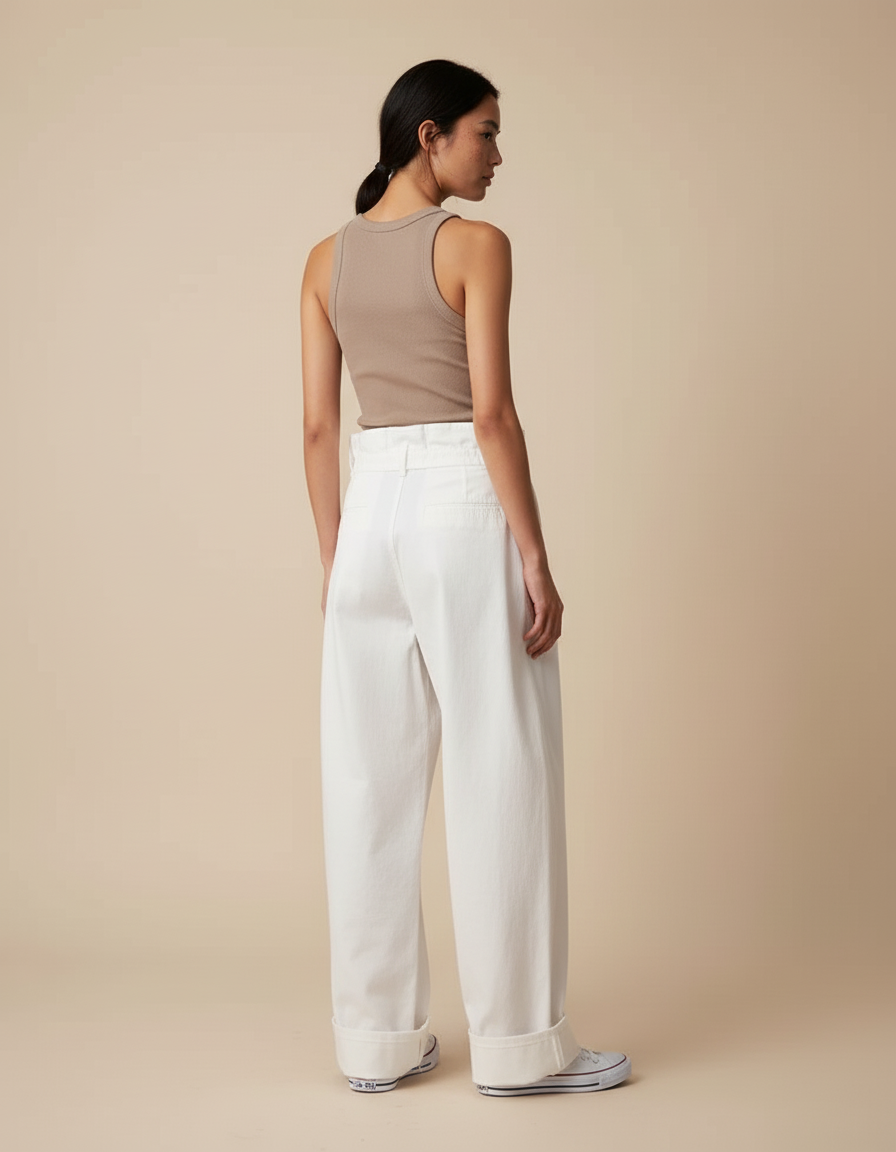 Pantalon Blanc Ample Taille Haute Décontracté Femme - Toile - vue 2