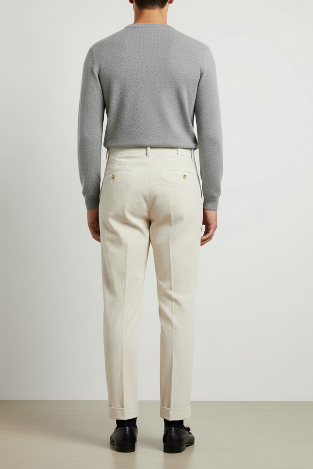 Pantalon Blanc Côtelé Plissé Élégant Homme - Beige Cordé - vue 2