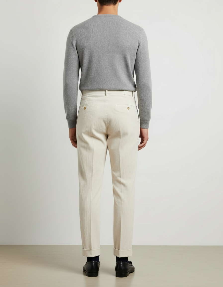 Pantalon Blanc Côtelé Plissé Élégant Homme - Beige Cordé - vue 2