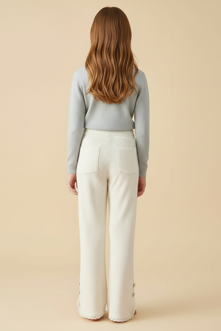 Pantalon Blanc Côtelé Ample Décontracté Dentelle Boutons - Cordé - vue 2